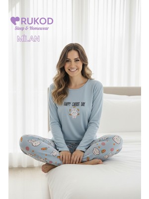 Rukod Kadın Açık Mavi Tavşan ve Havuç Desenli Kışlık Bisiklet Yaka Uzun Kol Pijama Takımı