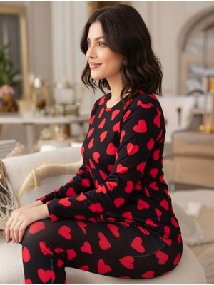 Rukod Kadın Siyah Kırmızı Kalp Desenli Milan Likralı Bisiklet Yaka Paçası Fırfırlı Pijama Takımı