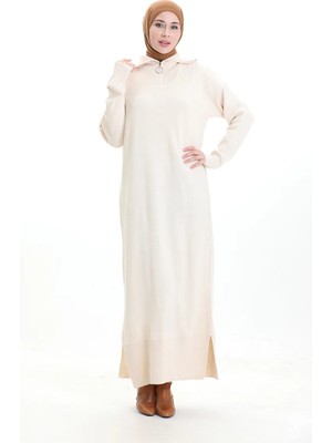 Triko Balıkçı Yaka Elbise 0511-07 Krem