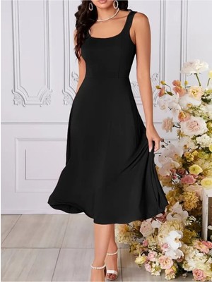 Stelol Kadın Askılı Geometrik Yakalı Geniş Kesim Detaylı Ithal Krep Elbise