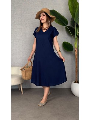 Stelol Kadın Kısa Kollu V Yaka Salaş Maxi Boy Elbise