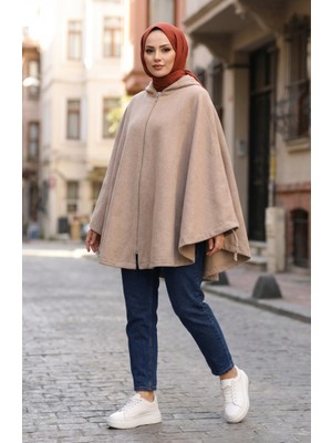 Kapüşonlu Fermuarlı Kışlık Kaşe Panço 0241-03 Vizon