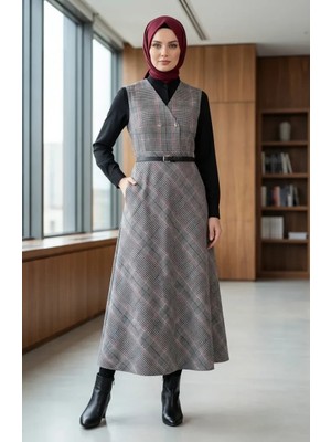 Ekose Desenli Kemerli Jile Elbise 2223-01 Gri