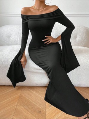 Stelol Kadın Madonna Yaka Uzun Yırtmaç Kol Detaylı Uzun Ithal Krep Elbise