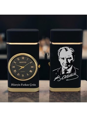 Keyfim Shop Isme Özel Mustafa Kemal Atatürk Imzası Logolu Turbo Jet Işıklı Saatli Çakmak