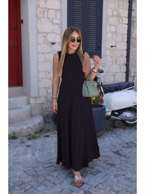 Stelol Kadın Sıfır Kollu Bisiklet Yaka Viskon Elbise