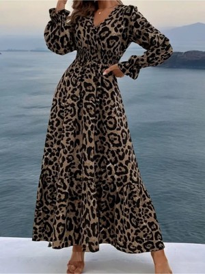 Stelol Kadın Uzun Kollu Kruvaze Yaka Leopar Desenli Uzun Süprem Elbise