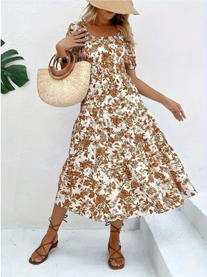 Stelol Kadın Kısa Kollu Kare Yakalı Lastikli Desenli Süprem Elbise