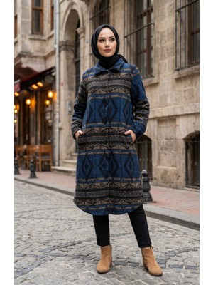 Etnik Desenli Düğmeli Kışlık Kap 2500-07 Saks Vizon