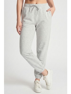 Defy's Punto Kadın İçi Polarlı 3 İplik Pamuklu Regular Fit Beli ve Paçası Lastikli Gri Melanj Jogger Eşofman Altı