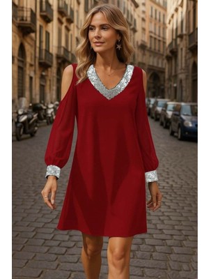 Stelol Kadın Uzun Kollu Kollar Tül V Yakalı Mini Janjan Krep Elbise