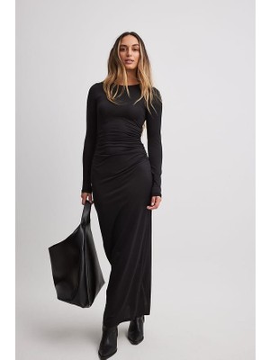 Les Séduisantes C.A. Sandy Kumaş Arkadan Yırtmaçlı Büzgülü Uzun Elbise