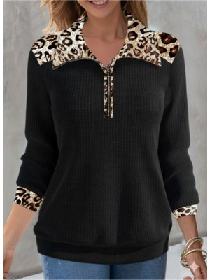 Stelol Kadın Uzun Kollu Leopar Yakalı Fermuarlı Waffle Bluz