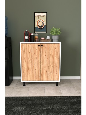 Dekorfim DF13101 Lotus 2 Kapaklı Çok Amaçlı Mutfak Dolabı Kiler Kahve Köşesi Raflı Modern Depolama Dolabı Beyaz-Çam