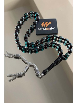 Alpaka Püsküllü Siyah/turkuaz Hareli Sıkma Toz Kehribar Erkek Tesbih