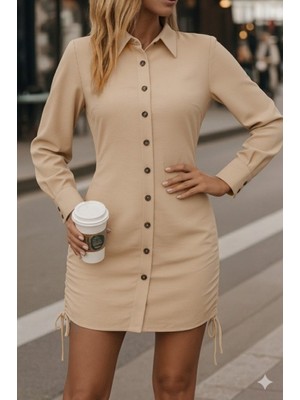 Stelol Kadın Uzun Kollu Gömlek Yaka Önden Düğmeli Yanlardan Büzgülü Kısa Aerobin Elbise