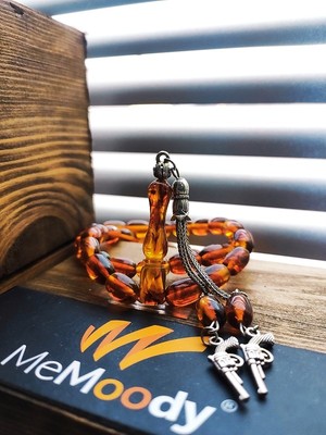 Alpaka Püsküllü Sarı ve Ateş Hareli Sıkma Toz Kehribar Erkek Tesbih