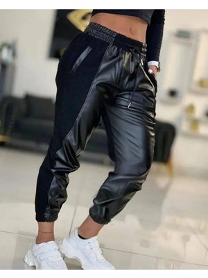 Stelol Kadın Yüksek Bel Lastikli Cepli Deri Detaylı Dalgıç Pantolon