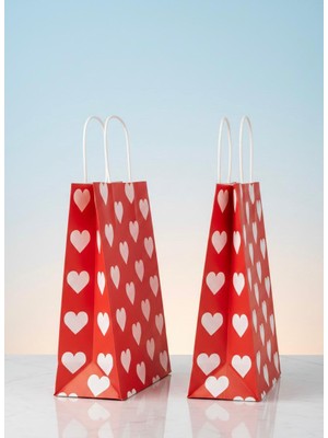 e ERTA Beyaz Kalp Desenli Kırmızı Kraft Çanta 25X31CM 25 Adet Hediye Poşeti,hediye Paketi Kraft Kağıt Çanta