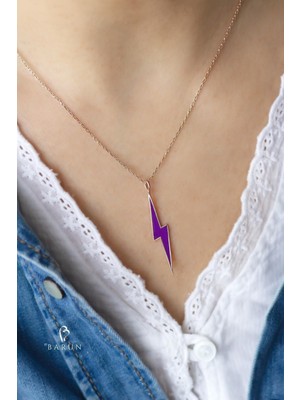 PremiumPort Şimşek Neon Mineli Rose Pembe Gümüş Zincir Kolye