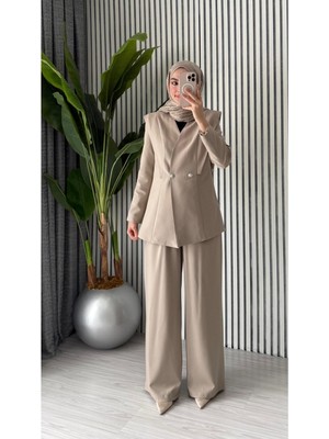 Molly Nelly Kadın Çift Düğmeli Bağcıklı Ceket Pantolonlu Şık Takım