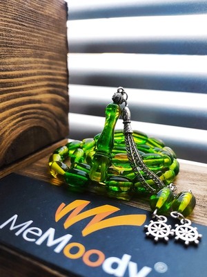 Alpaka Püsküllü Sarı ve Yeşil Hareli Sıkma Toz Kehribar Erkek Tesbih