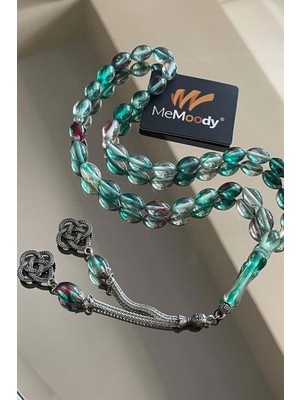 Alpaka Püsküllü Şeffaf/yeşil Hareli Sıkma Toz Kehribar Erkek Tesbih