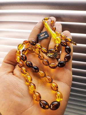 Sistem Püsküllü Sarı Siyah Hareli Sıkma Toz Kehribar Erkek Tesbih