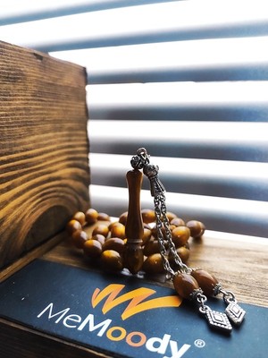 Alpaka Püsküllü Kahve ve Sedef Yaldızlı Sıkma Toz Kehribar Erkek Tesbih