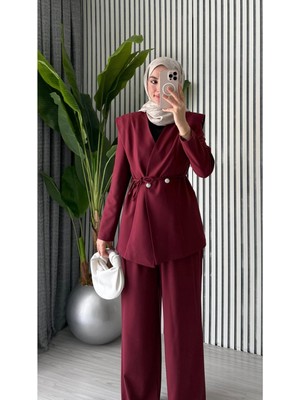 Molly Nelly Kadın Çift Düğmeli Bağcıklı Ceket Pantolonlu Şık Takım