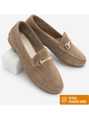 Marjin Kadın Hakiki Deri Zincirli Loafer Günlük Ayakkabı Tanle Taba Süet