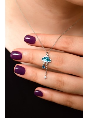 PremiumPort Mavi Desenli 925 Ayar Gümüş Rodyum Kaplama Kolye