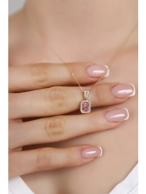 PremiumPort Şık Pembe Baget Taşlı Gümüş Kolye, Zarif Takı Tasarımı