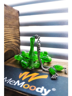 Alpaka Püsküllü Yeşil/ Yaldızlı Sıkma Toz Kehribar Erkek Tesbih