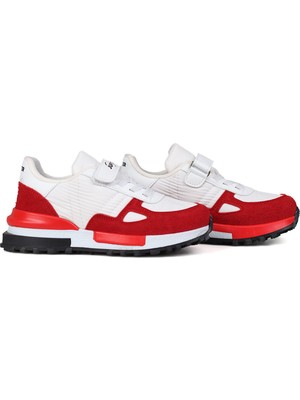Kajila Beyaz Kırmızı Cırt Cırtlı Bağcıklı Unisex Çocuk Spor Ayakkabı - Kaymaz Taban Günlük Sneaker