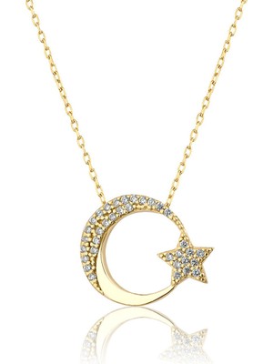 PremiumPort 925 Ayar Gold Gümüş Ay Yıldız Kolye, Şıklığa Zarif Dokunuş