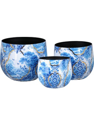 LuckyArt Blue Heritage Dekoratif 3'lü Saksı Seti