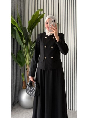 Molly Nelly Kadın Kruvaze Gold Düğmeli Crop Ceket Etek Takım