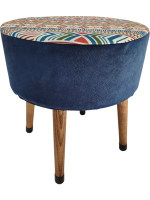 Ustaagac Modern Desenli Yan Mavi El Yapımı Puf, Ahşap Ayaklı Dekoratif Tabure