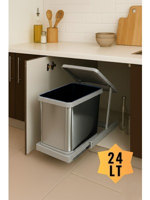 ALMITAL Cassone 24 Litre, Dolap içi Raylı Gri, Paslanmaz Krom Çöp Kovası , kapak genişliği 40 cm