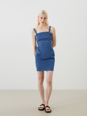 Lc Waikiki Yeni Sezon Kare Yaka Askılı Mini Jean Elbise