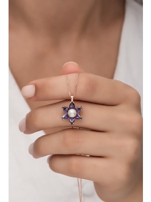 PremiumPort Ametist Taşlı Rose Altın Kaplama 925 Ayar Gümüş Kolye