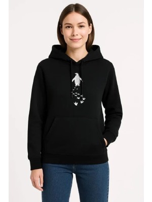 Beruflic Nihilist Penguen Temalı Oversize Kapüşonlu Sweatshirt - Siyah