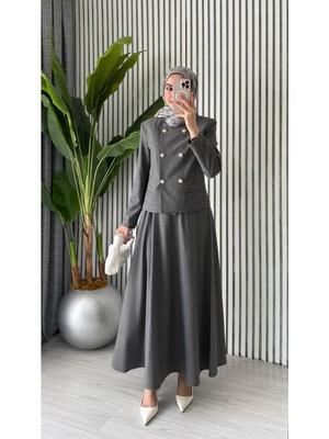 Molly Nelly Kadın Kruvaze Gold Düğmeli Crop Ceket Etek Takım