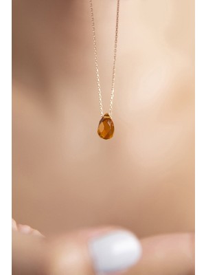 PremiumPort 925 Ayar Gümüş Rose Kaplama Doğal Turuncu Damla Taş Kolye