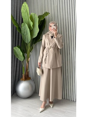 Molly Nelly Kadın Oversize Tek Düğmeli Bağlamalı Ceket Etek Takım