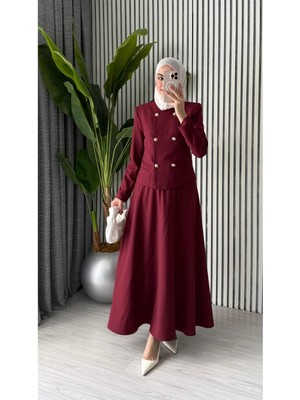 Molly Nelly Kadın Kruvaze Gold Düğmeli Crop Ceket Etek Takım