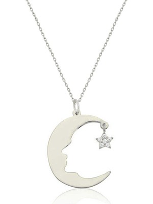 PremiumPort Gümüş Kadın Kolye, Ay Yıldız Tasarımı, Nano Taşlı, Şık ve Zarif