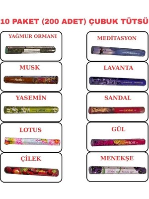 Darshan Çubuk Tütsü Seti 10 PAKET(200 Adet) -Sandal, Lavanta, Yasemin, Gül, Musk, Violet, Meditasyon, Lotus, Çilek, Yağmur Ormanı