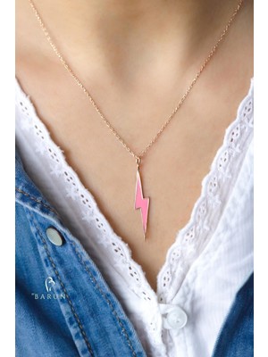 PremiumPort Parlak Neon Şimşek Tasarımlı 925 Ayar Gümüş Rose Zincir Kolye